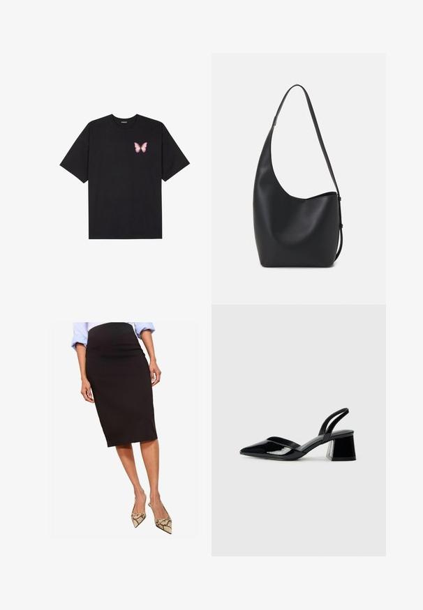 Fekete pamut póló rövid ujjakkal, bal mellkason egy kis rózsaszín pillangó grafikával. Kerek nyakú kialakítás, laza fazonnal.; Fekete ceruzaszoknya sima anyagból, térd középig érő hosszúságú, hegyesorrú kígyóbőrből készült magassarkú cipővel párosítva, amely karcsú sziluettel rendelkezik.; Fekete lakk bőr szandálkés magas sarkú cipő, hegyes orral és geometrikus tömbsarkakkal. Karcsú, minimalista dizájn és sima textúra jellemzi.; Fekete bőr hobo táska sima textúrával, ívelt formával és egyetlen állítható pánttal; széles nyílás található a tetején.