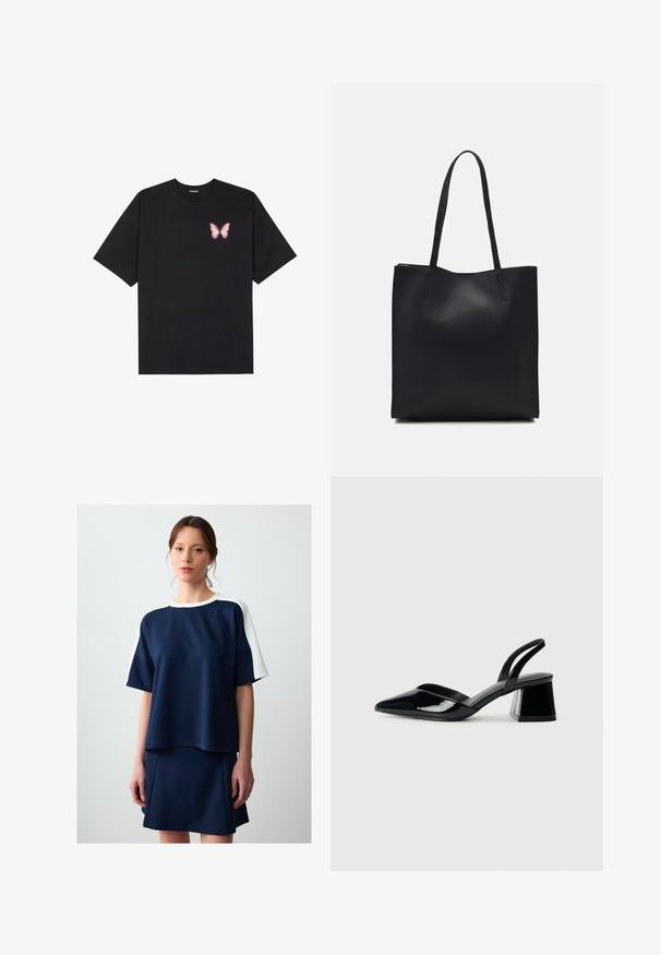 Zwarte katoenen t-shirt met korte mouwen, voorzien van een kleine roze vlinder graphic op de linkerkant van de borst. Crew neck ontwerp met een relaxte fit.; Marineblauw casual top met witte schouderaccenten, korte mouwen en een losse pasvorm, gecombineerd met een bijpassende slanke rok. Gladde textuur.; Zwarte gepatineerde leren slingback hakken met een spitse neus en een geometrische blokhak. Kenmerkt zich door een slank, minimalistisch ontwerp en een gladde textuur.; Zwarte leren handtas met een gladde textuur, rechthoekige vorm en twee lange handvaten. Geen zichtbare hardware of versieringen.