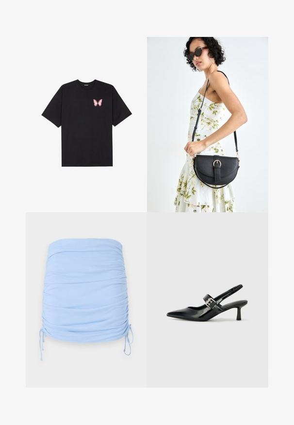 T-shirt en coton noir à manches courtes, avec un petit graphique de papillon rose sur la poitrine gauche. Modèle à col rond avec une coupe décontractée.; Jupe mini froncée bleu clair en tissu extensible. Elle présente des liens à cordon sur les côtés pour un ajustement réglable et une texture douce.; Escarpins slingback en cuir verni noir avec un bout pointu et un petit talon bloc, mettant en avant un accent en boucle argentée sur la sangle.; Sac à main en cuir noir avec une forme courbée, bandoulière amovible et des accessoires en or. Le sac est doté d'un rabat avec un détail de boucle.