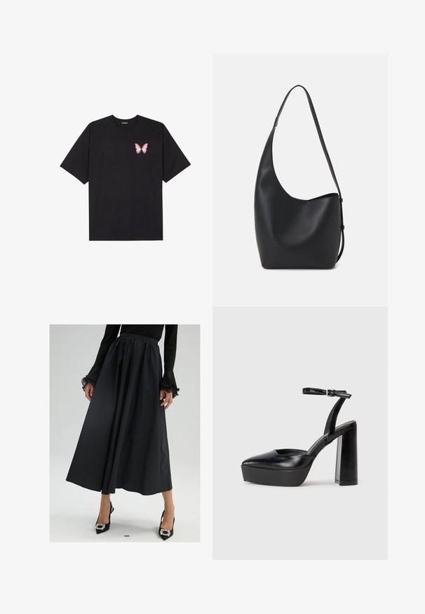 Tricou negru din bumbac cu mâneci scurte, având pe partea stângă a pieptului un mic grafic cu un fluture roz. Design cu guler rotund și croială lejeră.; Fustă maxi neagră dintr-un material ușor, cu un talie plisată, siluetă fluidă și textură pliată. Asortată cu tocuri negre cu vârful ascuțit.; Pantofi cu toc platformă negri, cu vârful ascuțit și curea reglabilă la gleznă. Confecționați din piele netedă, având un toc gros.; Geantă hobo din piele neagră, cu o textură netedă, formă curbată și un singur bretele ajustabil; are o deschidere largă în partea de sus.