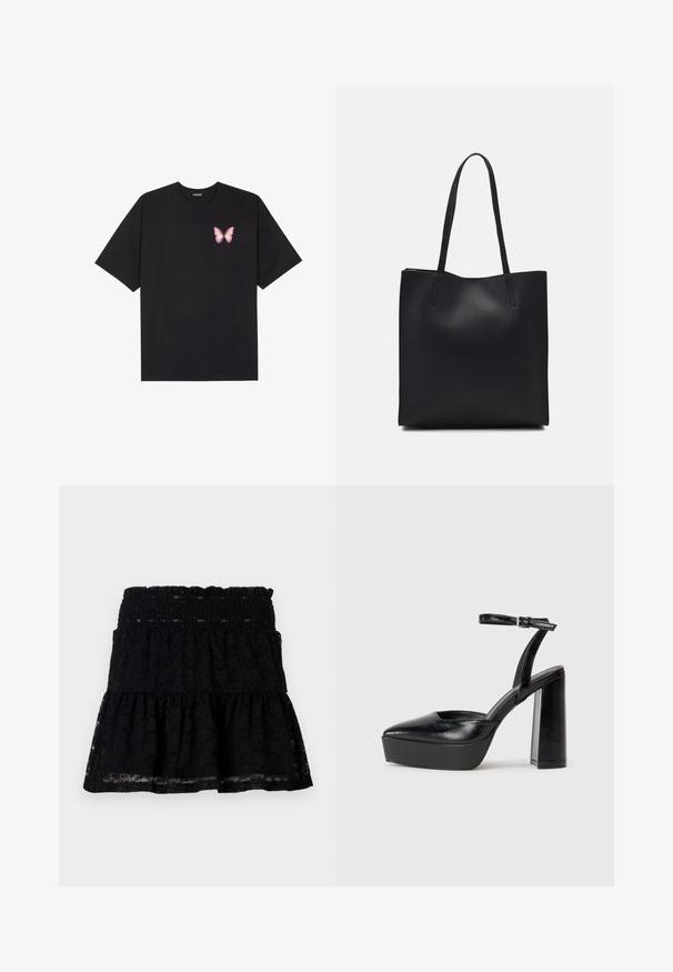 Camiseta de algodón negra de manga corta, con un pequeño gráfico de mariposa rosa en el lado izquierdo del pecho. Diseño de cuello redondo con un corte relajado.; Falda negra de encaje con una cinturilla fruncida. Presenta un diseño acampanado y en capas, con una textura transparente que crea una apariencia de capas.; Zapatos de tacón negro con punta afilada y correa ajustable en el tobillo. Confeccionados en cuero suave, presentan un tacón grueso.; Bolso tote de cuero negro con textura lisa, forma rectangular y dos asas largas. Sin herrajes ni adornos visibles.