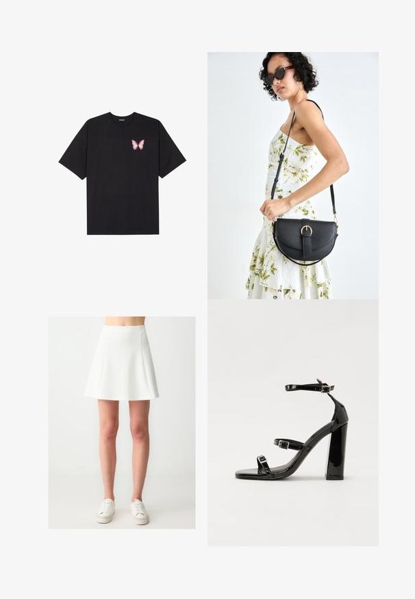 Zwarte katoenen t-shirt met korte mouwen, voorzien van een kleine roze vlinder graphic op de linkerkant van de borst. Crew neck ontwerp met een relaxte fit.; Witte, uitlopende mini-jurk gemaakt van een gladde, rekbare stof met een hoge tailleband en zonder zichtbare patronen of versieringen, gecombineerd met witte sneakers.; Zwarte gepatenteerde sandalen met hak en een vierkante neus, enkelbandjes en zilveren gespen. Heeft een stevige blokhak voor stabiliteit.; Zwarte leren handtas met een gebogen vorm, afneembare schouderband en gouden hardware. De tas heeft een klep met een gespsluiting.