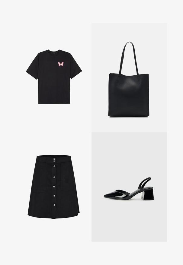 Must muströöpidega must puuvillane T-särk, vasakul rinnal on väike roosa liblikas. Ümar kaelus ja vabalt istuv lõige.; Musträne A-line seelik, mis on valmistatud tekstureeritud kangast, esiküljel nööpide kinnitamisega, kahe küljetaskuga ja põlvekõrguse äärega.; Mustad musta lakknahk kingad, millel on terav varvas ja geomeetriline plokkkonts. Omab elegantselt minimalistlikku disaini ja sujuvat tekstuuri.; Mustast nahast kott sujuva tekstuuriga, ristkülikukujuline ja kahe pika sangaga. Pole nähtavat riistvara ega kaunistusi.