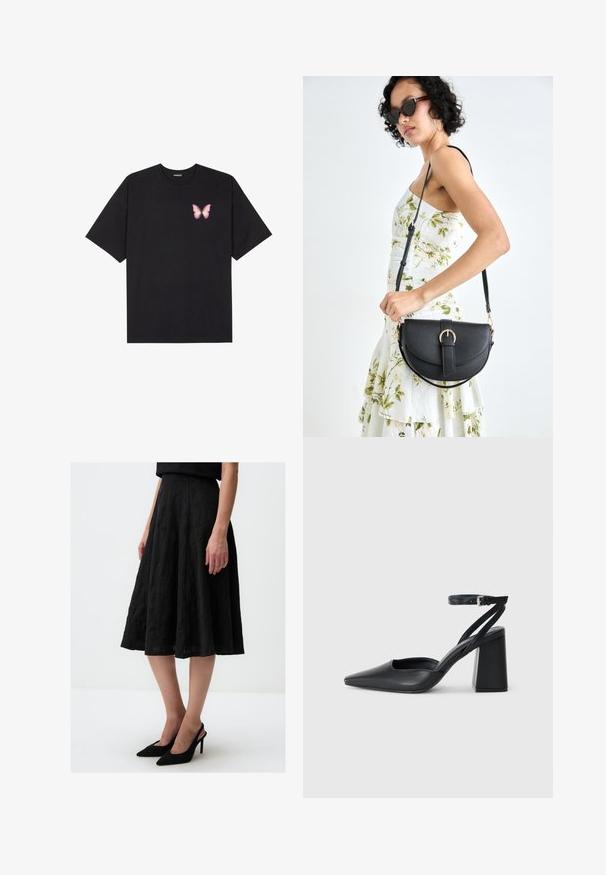 T-shirt en coton noir à manches courtes, avec un petit graphique de papillon rose sur la poitrine gauche. Modèle à col rond avec une coupe décontractée.; Jupe midi noire en tissu texturé, à design évasé et taille lisse. Associée à des talons aiguille noirs.; Escarpin noir en cuir à bout pointu avec une bride de cheville et un talon épais. Texture lisse, design élégant et esthétique minimaliste.; Sac à main en cuir noir avec une forme courbée, bandoulière amovible et des accessoires en or. Le sac est doté d'un rabat avec un détail de boucle.