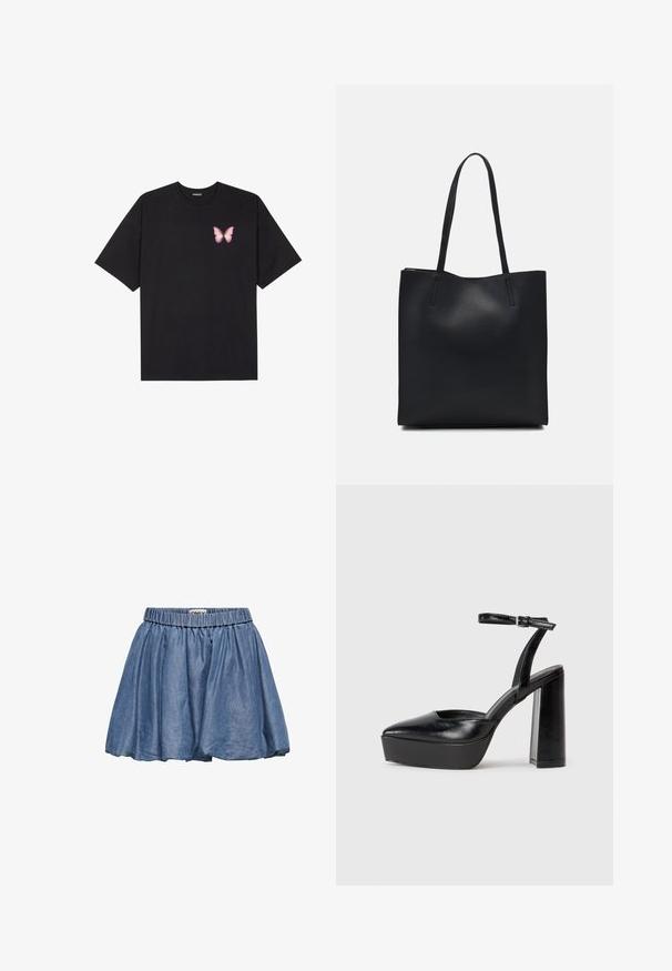 T-shirt en coton noir à manches courtes, avec un petit graphique de papillon rose sur la poitrine gauche. Modèle à col rond avec une coupe décontractée.; Jupe en denim avec une taille élastique, design évasé et couleur bleu clair. Présente une texture lisse et un tissu froncé.; Escarpins noirs à plateforme avec un bout pointu et une sangle réglable à la cheville. Conçus en cuir lisse, avec un large talon bloc.; Sac fourre-tout en cuir noir avec une texture lisse, de forme rectangulaire et deux longues poignées. Pas de matériel ou d'ornementations visibles.