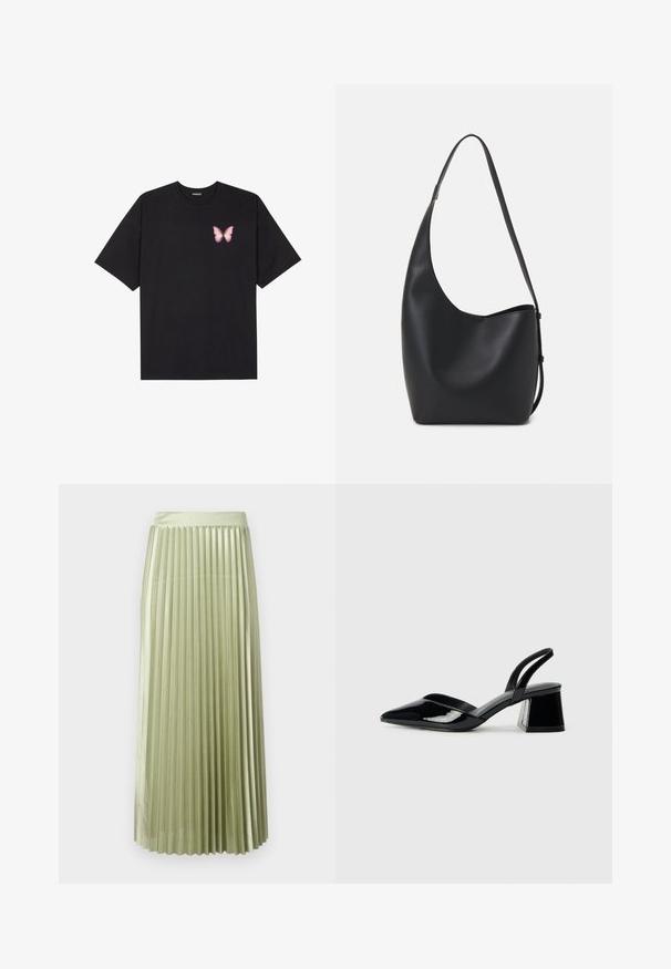 Juodas medvilnės marškinėliai trumpomis rankovėmis, su maža rožine drugelio grafika kairėje krūtinės pusėje. Apvalus kaklo iškirpimas, laisvas kirpimas.; Šviesiai žalia satino plisuota midi sijonas su lygaus tekstūros. Prigludusi liemuo, siekia per vidurinę blauzdą, visame sijone yra tolygūs vertikalūs plisai.; Juodos lakuotos odinės šlepetės su smailiu pirštu ir geometriniu bloko kulnu. Turi elegantišką, minimalistinį dizainą ir lygų paviršių.; Juodas odinis hobo maišas su lygiu paviršiumi, kreipta forma ir viena reguliuojama rankena; turi platų atidarymą viršuje.