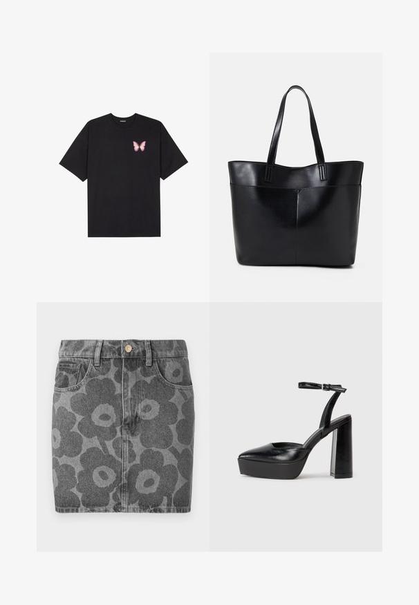 Tricou negru din bumbac cu mâneci scurte, având pe partea stângă a pieptului un mic grafic cu un fluture roz. Design cu guler rotund și croială lejeră.; Fustă din denim gri cu un model floral negru. Dispune de două buzunare frontale, închidere cu nasture și croială dreaptă.; Pantofi cu toc platformă negri, cu vârful ascuțit și curea reglabilă la gleznă. Confecționați din piele netedă, având un toc gros.; Geantă oversized din piele neagră, cu două mânere lungi, de textură netedă și formă structurată. Are un buzunar frontal pentru stocare suplimentară.