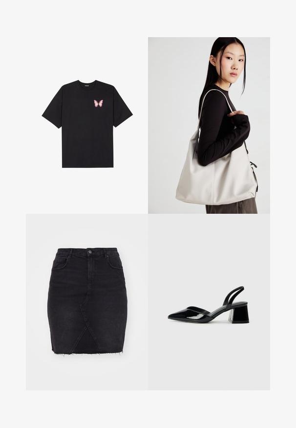 Μαύρο βαμβακερό μπλουζάκι με κοντά μανίκια, διαθέτοντας ένα μικρό ροζ γραφικό πεταλούδας στο αριστερό στήθος. Σχέδιο με στρογγυλή λαιμόκοψη και άνετη εφαρμογή.; Μαύρη τζιν μολυβοθήκη με εφαρμοστό σχέδιο, που διαθέτει φθαρμένο στρίφωμα και γωνιακή μπροστινή ζώνη, ασφαλισμένη με κουμπί και φερμουάρ στην μπροστινή πλευρά.; Μαύρα πατεντέ δερμάτινα γοβάκια slingback με μυτερή μύτη και γεωμετρικό τακούνι. Έχουν κομψό, μινιμαλιστικό σχέδιο και λεία υφή.; Μπεζ τσάντα χειρός από μαλακό υλικό, με χαλαρή σχεδίαση, ραφές και δύο λουράκια ώμου. Κατάλληλη για καθημερινή χρήση.