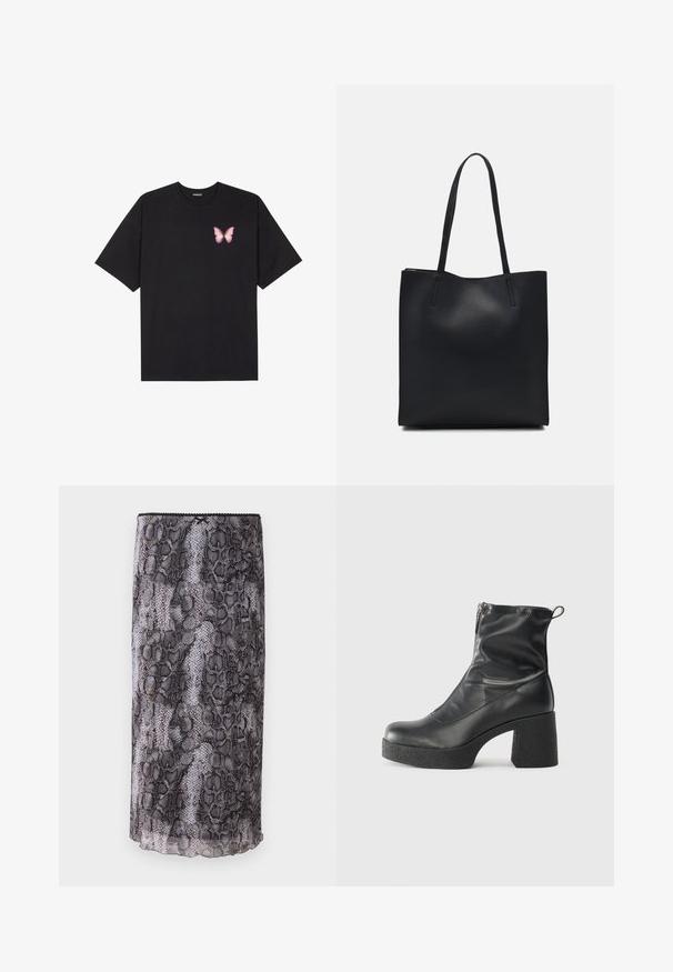 Melna kokvilnas T-krekls ar īsām piedurknēm, kuram priekšā kreisajā pusē ir neliels rozā tauriņa grafiskais attēls. Ar apaļu kaklu un brīvā stila piegriezumu.; Melna un pelēka čūska rakstapiltote, kas izgatavota no caurspīdīga, teksturēta auduma. Iezīmējas ar viļņotu apakšmalu un augšmalas dekoru.; Melni potītes zābaki, kas izgatavoti no gludas ādas, ar sānu rāvējslēdzēju, masīvu strukturētu papēdi un noapaļotu purngalu.; Melnas ādas somiņa ar gludu tekstūru, taisnstūra formu un divām garām rokturiem. Nav redzamu aparatūras vai rotājumu.