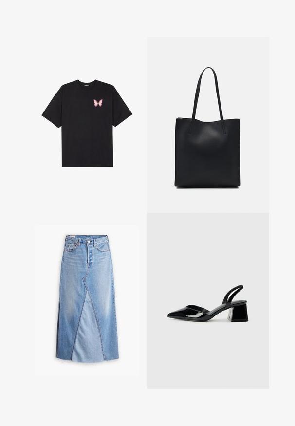 Black cotton t-shirt with short sleeves, featuring a small pink butterfly graphic on the left chest. Crew neck design with a relaxed fit.; Denim maxi skirt in light blue with a raw hem, featuring a front seam pattern and pockets. Button closure at the waistband.; Black patent leather slingback heels with a pointed toe and a geometric block heel. Features a sleek, minimal design and smooth texture.; Black leather tote bag with smooth texture, rectangular shape, and two long handles. No visible hardware or embellishments.