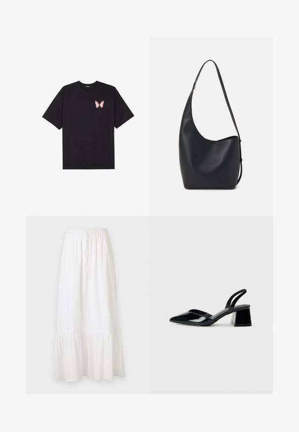 T-shirt en coton noir à manches courtes, avec un petit graphique de papillon rose sur la poitrine gauche. Modèle à col rond avec une coupe décontractée.; Jupe blanche, longueur genou, fabriquée en tissu léger avec une taille élastique et un cordon de serrage. Elle présente un ourlet volanté et une texture subtile.; Escarpins en cuir verni noir avec bout pointu et talon bloc géométrique. Présente un design élégant et minimaliste ainsi qu'une texture lisse.; Sac hobo en cuir noir avec une texture lisse, une forme incurvée et une seule sangle réglable ; dispose d'une large ouverture en haut.