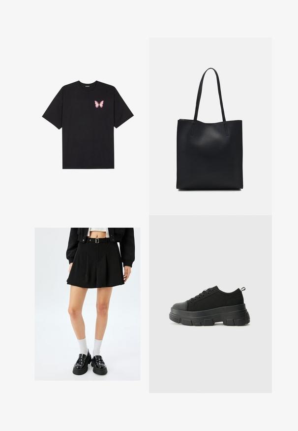 Schwarzes Baumwoll-T-Shirt mit kurzen Ärmeln, das ein kleines pinkes Schmetterlingsmotiv auf der linken Brust zeigt. Crewneck-Design mit einem entspannten Schnitt.; Schwarzer, plissierter Minirock mit einem Gürtel, aus glattem Stoff. Getragen mit Lacklederloafers und weißen Kniestrümpfen.; Schwarze Sneakers mit einer dicken Gummisohle, strukturiertem Obermaterial, runder Zehenpartie und Schnürdesign. Verfügt über verstärkte Ösen und eine Schlaufe an der Rückseite.; Schwarze Laptoptasche aus Leder mit glatter Textur, rechteckiger Form und zwei langen Griffen. Keine sichtbaren Beschläge oder Verzierungen.