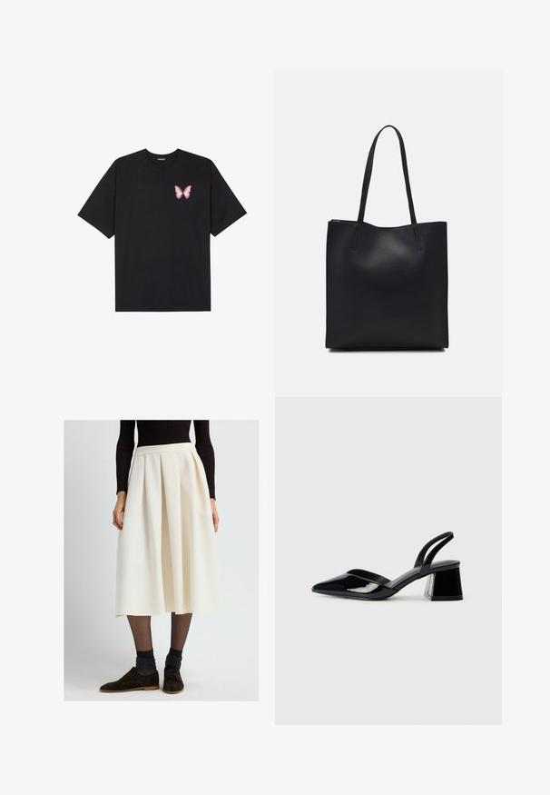 Sort bomulds T-shirt med korte ærmer, prydet med en lille pink sommerfugl grafik på venstre bryst. Rund hals design med en afslappet pasform.; Kvinde iført en cremet plisseret midi-nederdel med sorte gennemsigtige strømpebukser, mørke glitrende sokker, brune snørebåndssko og en sort ribbet langærmet top.; Sorte patentlæder slingback hæle med spids tå og en geometrisk blok hæl. Har et elegant, minimalistisk design og en glat tekstur.; Sort læder tote taske med glat tekstur, rektangulær form og to lange hanke. Ingen synlig hardware eller udsmykninger.