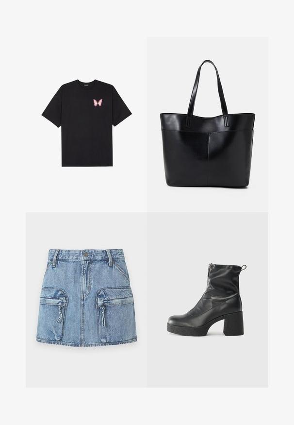 T-shirt de algodão preto com mangas curtas, apresentando um pequeno gráfico de borboleta rosa no lado esquerdo do peito. Design de gola redonda com um corte solto.; Saia mini de ganga azul com dois grandes bolsos frontais com aba, apresentando puxadores de fecho e passantes de cinto na cintura.; Botas de tornozelo pretas feitas de couro liso, com fecho lateral, salto grosso texturizado e design de bico arredondado.; Bolsa tote preta em couro com duas alças longas, textura suave e forma estruturada. Apresenta um bolso frontal para armazenamento adicional.