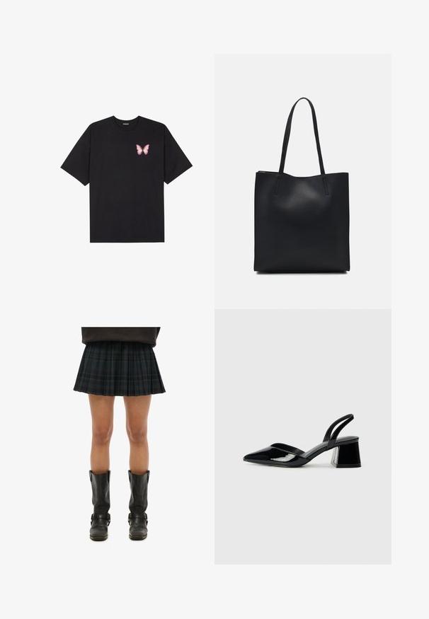 Camiseta de algodón negra de manga corta, con un pequeño gráfico de mariposa rosa en el lado izquierdo del pecho. Diseño de cuello redondo con un corte relajado.; Falda plisada de cuadro escocés negro combinada con botas de cuero negras hasta la rodilla con hebillas y una textura suave.; Zapatos de tacón slingback de charol negro con punta afilada y tacón geométrico en bloque. Presentan un diseño elegante y minimalista, así como una textura suave.; Bolso tote de cuero negro con textura lisa, forma rectangular y dos asas largas. Sin herrajes ni adornos visibles.