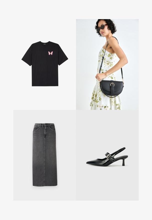Črna bombažna majica s kratkimi rokavi, ki ima majhen roza metuljček na levi strani prsnega dela. Majica s krožnim ovratnikom in sproščenim krojem.; Siva denim midi krila s pravim krojem, zasnovo s petimi žepi in zankami za pas. Ima sprednje zapiranje na gumb in minimalistično šivanje.; Črne patent usnjene slingback pete s koničastim nosom in majhnim blok peto, ki vključujejo srebrno zaponko na traku.; Črna usnjena torbica s ukrivljeno obliko, z odstranljivo naramnico in zlatimi dodatki. Torbica ima pokrov s podrobnostmi v obliki zaponke.