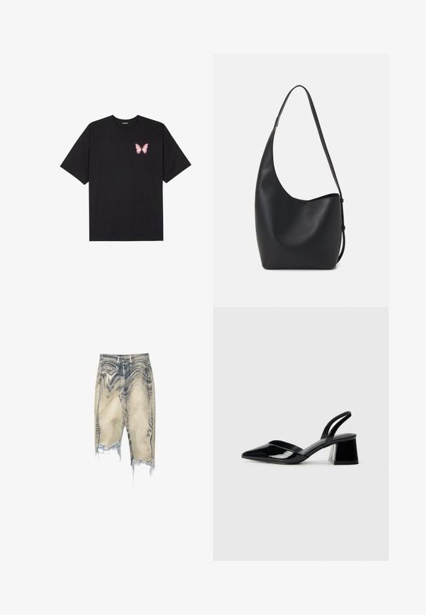 Black cotton t-shirt with short sleeves, featuring a small pink butterfly graphic on the left chest. Crew neck design with a relaxed fit.; Denim shorts in a faded blue-grey wash, featuring distressed detailing, frayed hem, five pockets, and standard waistband with belt loops.; Black patent leather slingback heels with a pointed toe and a geometric block heel. Features a sleek, minimal design and smooth texture.; Black leather hobo bag with a smooth texture, curved shape, and single adjustable strap; features a wide opening at the top.