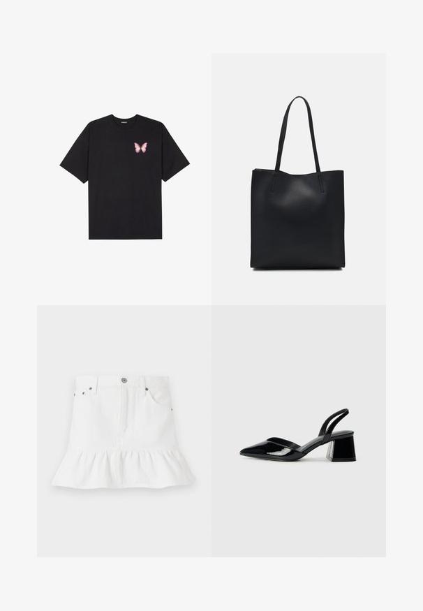 Black cotton t-shirt with short sleeves, featuring a small pink butterfly graphic on the left chest. Crew neck design with a relaxed fit.; White denim skirt with a ruffled hem, featuring a five-pocket design, front button closure, and metal hardware accents.; Black patent leather slingback heels with a pointed toe and a geometric block heel. Features a sleek, minimal design and smooth texture.; Black leather tote bag with smooth texture, rectangular shape, and two long handles. No visible hardware or embellishments.