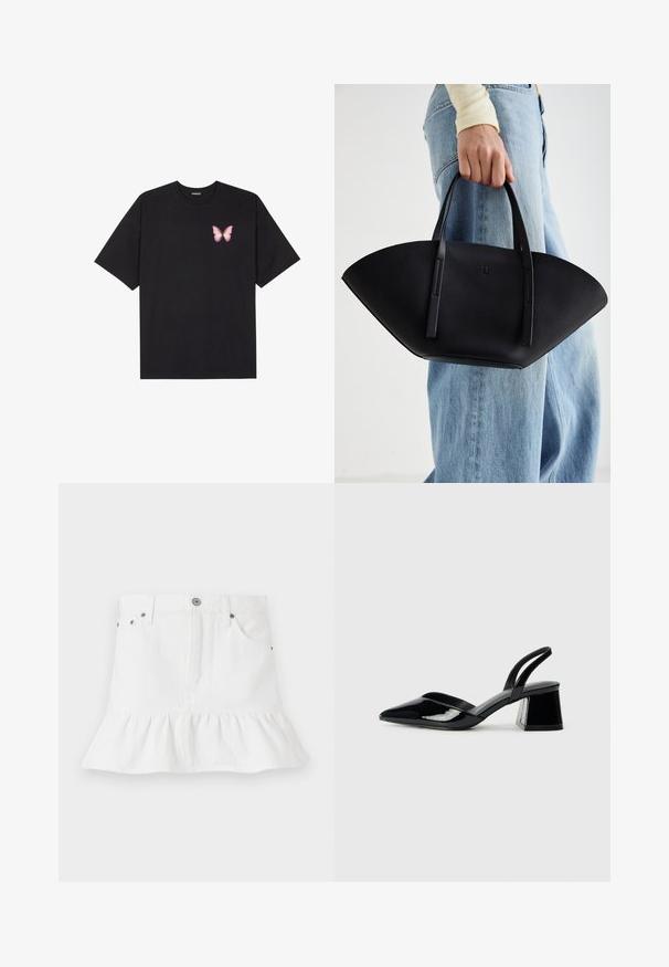 Musta puuvillapaita lyhyillä hihoilla, jossa on pieni vaaleanpunainen perhosgrafiikka vasemmassa rinnassa. Pyöreä kaula-aukko ja rento istuvuus.; Valkoinen farkkuhame, jossa on röyhelöhelma, viisi taskua, etupainike ja metalliset yksityiskohdat.; Mustat patentoitu nahkakengät, joissa on säären takaosa ja terävä kärki, sekä geometrinen palikkakorko. Sisältää tyylikkään, minimalistisen muotoilun ja sileän pinnan.; Musta nahkainen käsilaukku, jossa on ainutlaatuinen tuulihattukuvio, jossa on litteät kahvat. Pinnassa on karkeapintainen rakenne ja minimalistinen muotoilu.