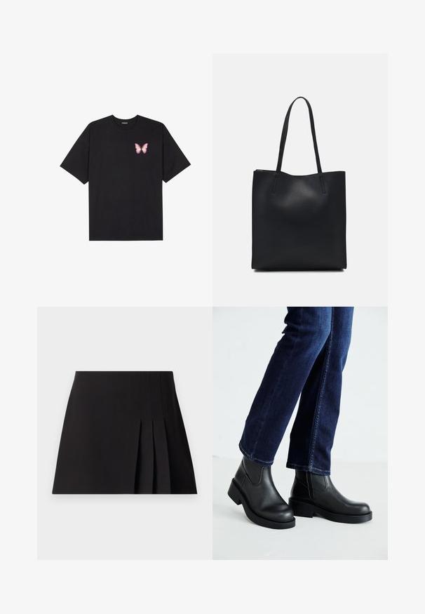 Must muströöpidega must puuvillane T-särk, vasakul rinnal on väike roosa liblikas. Ümar kaelus ja vabalt istuv lõige.; Must mustriga mini seelik, mis on valmistatud siledast kangast. Omab sobivat vööd ja diskreetseid õmblusdetailideid plekikate ääres jaoks tekstuuri lisamiseks.; Mustad mustad nahast sääre kõrgused saabastega, millel on paks tald ja küljel elastsed paneelid, kombineeritud tumedate siniste teksadega. Maapind on heledat värvi.; Mustast nahast kott sujuva tekstuuriga, ristkülikukujuline ja kahe pika sangaga. Pole nähtavat riistvara ega kaunistusi.