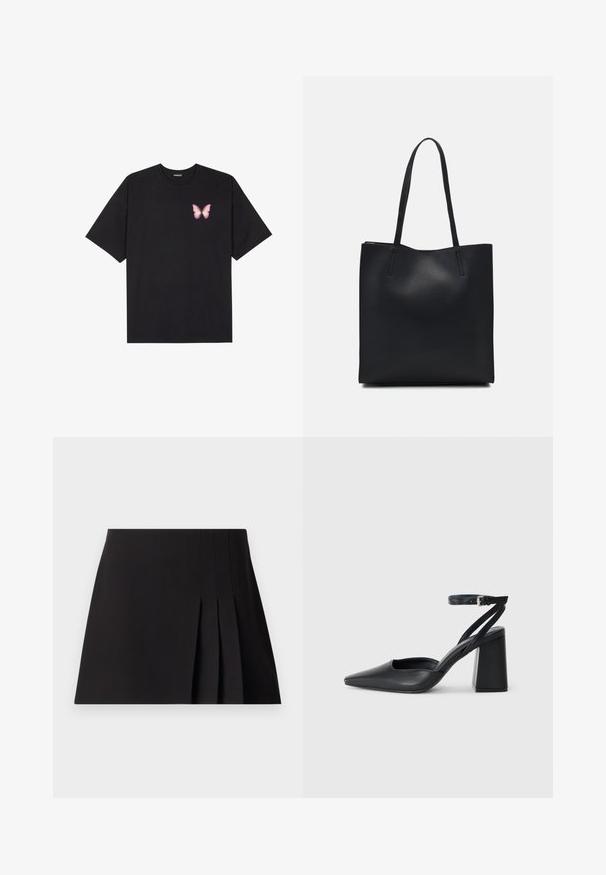 Melna kokvilnas T-krekls ar īsām piedurknēm, kuram priekšā kreisajā pusē ir neliels rozā tauriņa grafiskais attēls. Ar apaļu kaklu un brīvā stila piegriezumu.; Melna plīšu mini svārki, izgatavoti no gludas auduma. Aprīkoti ar pieguļošu jostasvietu un smalkiem šuvju detaļām gar plīšiem, piešķirot tekstūru.; Melna ādas augstpapēžu kurpe ar norakstīto purngala formu, potītes siksniņu un masīlu papēdi. Gluda tekstūra, elegants dizains un minimālisma estētika.; Melnas ādas somiņa ar gludu tekstūru, taisnstūra formu un divām garām rokturiem. Nav redzamu aparatūras vai rotājumu.