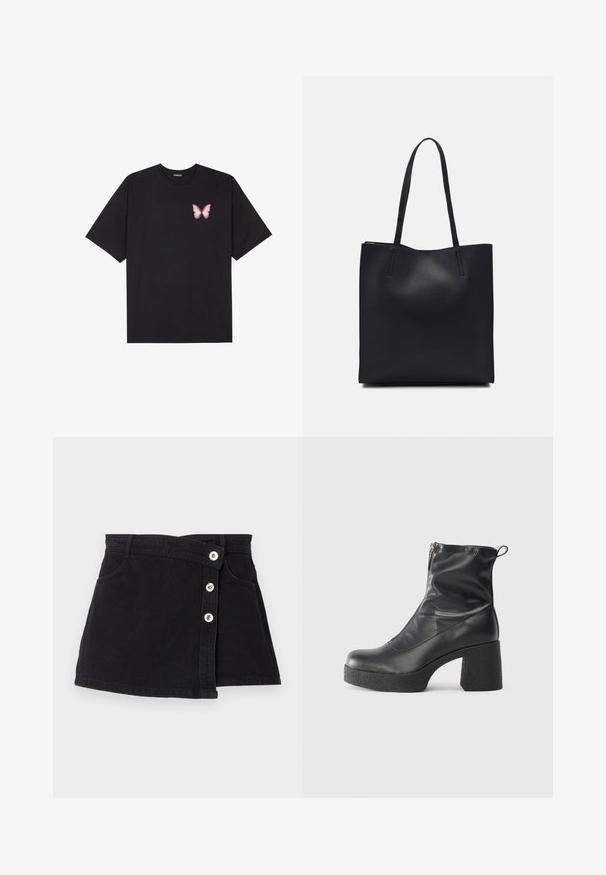 Black cotton t-shirt with short sleeves, featuring a small pink butterfly graphic on the left chest. Crew neck design with a relaxed fit.; Black denim skirt with a high waist, featuring a wrap design, five silver buttons on one side, and two side pockets. Smooth texture.; Black ankle boots made of smooth leather, featuring a side zipper, chunky textured heel, and rounded toe design.; Black leather tote bag with smooth texture, rectangular shape, and two long handles. No visible hardware or embellishments.