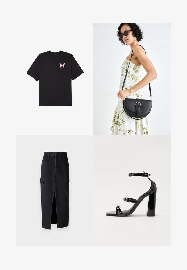 Melna kokvilnas T-krekls ar īsām piedurknēm, kuram priekšā kreisajā pusē ir neliels rozā tauriņa grafiskais attēls. Ar apaļu kaklu un brīvā stila piegriezumu.; Melnas denima maksi svārki ar priekšējo šķēlumu, divām sānu kabatām un pieguļošu jostasvietu. Audumam ir gluda tekstūra un izturīga konstrukcija.; Melni lakoti augstpapēžu sandales ar divām sprādzēm, kvadrātveida purngalu un masīvu papēdi, ar gludu, spīdīgu virsmu.; Melnas ādas rokassoma ar izliekta formu, noņemamu siksnu un zelta aksesuāriem. Somai ir vāciņš ar sprādzes detaļu.