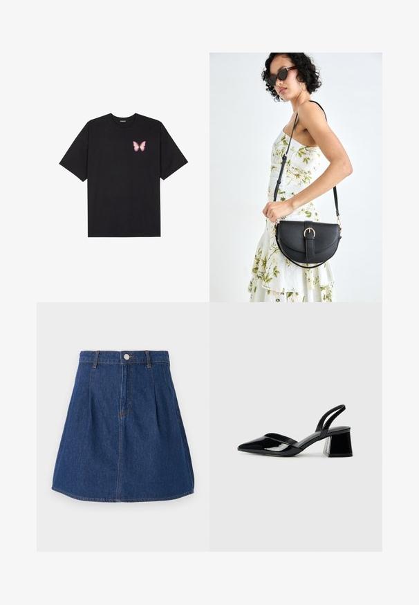 T-shirt de algodão preto com mangas curtas, apresentando um pequeno gráfico de borboleta rosa no lado esquerdo do peito. Design de gola redonda com um corte solto.; Saia de ganga azul escura, com uma cintura ajustada, design plissado e costuras de cor contrastante. Comprimento acima do joelho e bainha reta.; Sandy em verniz preto com salto slingback, ponta afilada e salto geométrico. Apresenta um design elegante e minimalista com textura suave.; Bolsa de couro preta com forma curva, alça destacável e detalhes em dourado. A bolsa possui uma aba com detalhe de fivela.