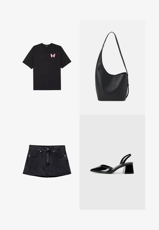 Musta puuvillapaita lyhyillä hihoilla, jossa on pieni vaaleanpunainen perhosgrafiikka vasemmassa rinnassa. Pyöreä kaula-aukko ja rento istuvuus.; Mustat farkuhame, jossa on istuva vyötärö, viisi taskua, perinteinen nappi- ja vetskariyskus ja hieman levenevä helma.; Mustat patentoitu nahkakengät, joissa on säären takaosa ja terävä kärki, sekä geometrinen palikkakorko. Sisältää tyylikkään, minimalistisen muotoilun ja sileän pinnan.; Musta nahkainen hobo-laukku, jossa on sileä pinta, kaareva muoto ja yksi säädettävä olkahihna; sisäänkäynti on leveä ylhäältä.