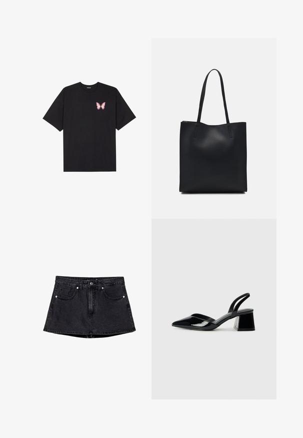 Černé bavlněné tričko s krátkým rukávem, na levém prsou s malou grafikou růžové motýlky. Design s kruhovým výstřihem a volným střihem.; Černá džínová sukně s obepnutým pasem, pěticípým designem, tradičním zapínáním na knoflík a zip a mírně rozšířeným lemem.; Černé lakované kožené lodičky na pásku s špičatou špičkou a geometrickým blokovým podpatkem. Vyznačují se elegantním, minimalistickým designem a hladkým povrchem.; Černá kožená taška přes rameno s hladkým povrchem, obdélníkovým tvarem a dvěma dlouhými uchy. Žádné viditelné kování ani ozdoby.