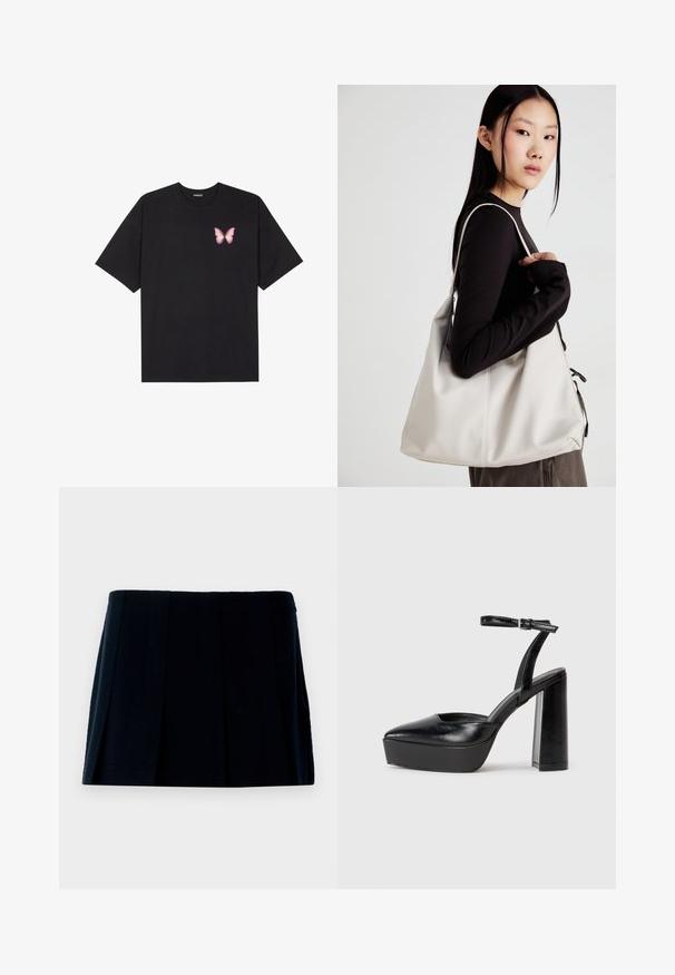 Tricou negru din bumbac cu mâneci scurte, având pe partea stângă a pieptului un mic grafic cu un fluture roz. Design cu guler rotund și croială lejeră.; Fustă mini plisată neagră din material. Are un tiv drept și multiple pliuri verticale pentru formă și textură.; Pantofi cu toc platformă negri, cu vârful ascuțit și curea reglabilă la gleznă. Confecționați din piele netedă, având un toc gros.; Geantă bej din material moale, cu un design lejer, detalii cusute și două bretele pentru umăr. Potrivită pentru utilizarea zilnică.