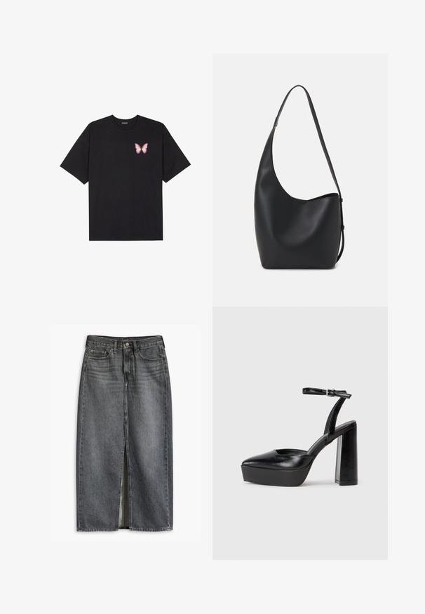 Tricou negru din bumbac cu mâneci scurte, având pe partea stângă a pieptului un mic grafic cu un fluture roz. Design cu guler rotund și croială lejeră.; Fustă din denim de culoare gri închis, cu o fereastră frontală, cinci buzunare și închidere cu nasture. Fabricată din material rezistent, cu o textură netedă.; Pantofi cu toc platformă negri, cu vârful ascuțit și curea reglabilă la gleznă. Confecționați din piele netedă, având un toc gros.; Geantă hobo din piele neagră, cu o textură netedă, formă curbată și un singur bretele ajustabil; are o deschidere largă în partea de sus.