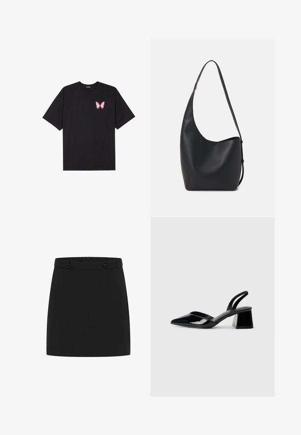 Black cotton t-shirt with short sleeves, featuring a small pink butterfly graphic on the left chest. Crew neck design with a relaxed fit.; Black mini skirt made of smooth fabric featuring a simple design, flat waistband, and two decorative button accents on the front.; Black patent leather slingback heels with a pointed toe and a geometric block heel. Features a sleek, minimal design and smooth texture.; Black leather hobo bag with a smooth texture, curved shape, and single adjustable strap; features a wide opening at the top.