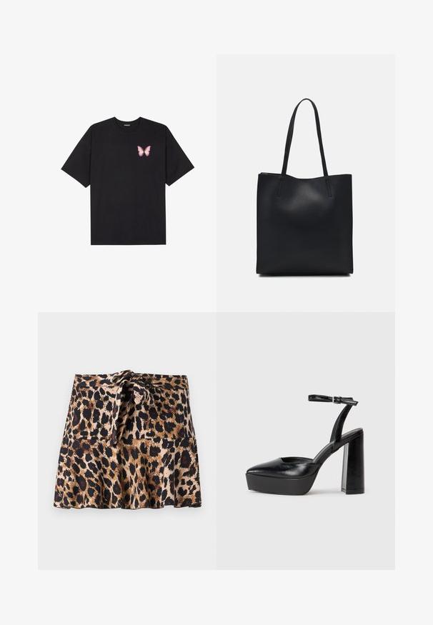 Fekete pamut póló rövid ujjakkal, bal mellkason egy kis rózsaszín pillangó grafikával. Kerek nyakú kialakítás, laza fazonnal.; Leopárdmintás mini szoknya puha anyagból, fodros kivitelben, megkötős derékkal, és kontrasztos fekete és barna foltokkal bézs háttéren.; Fekete platform magassarkú cipők hegyes orral és állítható bokapánttal. Sima bőrből készült, vastag talppal.; Fekete bőrtáska sima felszínnel, téglalap alakú, két hosszú füllel. Nincs látható fémkiegészítő vagy díszítés.