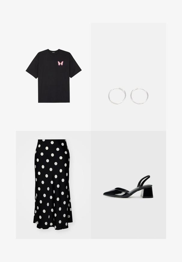 Fekete pamut póló rövid ujjakkal, bal mellkason egy kis rózsaszín pillangó grafikával. Kerek nyakú kialakítás, laza fazonnal.; YAS YASPELLA MIDI - A-vonalú szoknya - black/white; Fekete lakk bőr szandálkés magas sarkú cipő, hegyes orral és geometrikus tömbsarkakkal. Karcsú, minimalista dizájn és sima textúra jellemzi.; Ezüst karika fülbevalók, letisztult, kerek formával, sima felülettel és látható díszítés nélkül. A átmérő nem megadott.