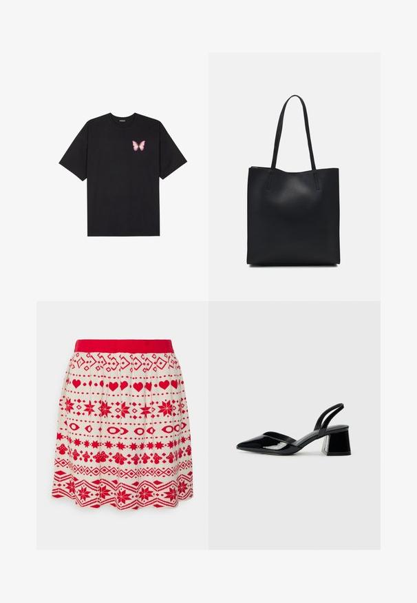 T-shirt de algodão preto com mangas curtas, apresentando um pequeno gráfico de borboleta rosa no lado esquerdo do peito. Design de gola redonda com um corte solto.; Saia vermelha com padrão de creme, apresentando corações, estrelas e desenhos geométricos; possui uma cintura vermelha e bainha rodada. Feita de material de malha.; Sandy em verniz preto com salto slingback, ponta afilada e salto geométrico. Apresenta um design elegante e minimalista com textura suave.; Bolsa tote preta em couro com textura lisa, forma retangular e duas alças longas. Sem hardware ou enfeites visíveis.