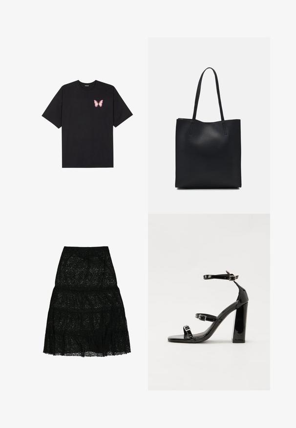 Zwarte katoenen t-shirt met korte mouwen, voorzien van een kleine roze vlinder graphic op de linkerkant van de borst. Crew neck ontwerp met een relaxte fit.; Zwarte kanten rok met een gelaagd ontwerp en een gerafelde zoom. Elastische tailleband voor comfort. Lichte en semi-doorzichtige textuur.; Zwarte gepatenteerde sandalen met hak en een vierkante neus, enkelbandjes en zilveren gespen. Heeft een stevige blokhak voor stabiliteit.; Zwarte leren handtas met een gladde textuur, rechthoekige vorm en twee lange handvaten. Geen zichtbare hardware of versieringen.