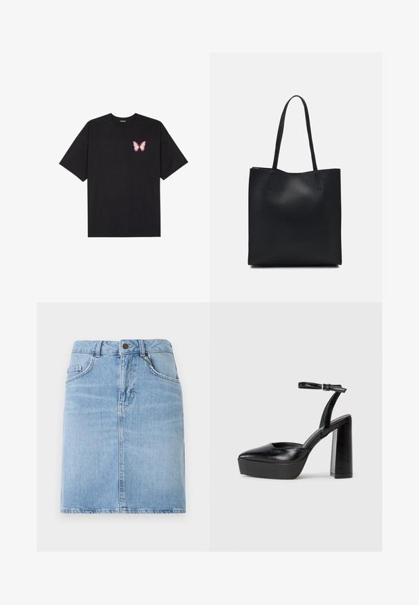 T-shirt nera in cotone con maniche corte, caratterizzata da una piccola grafica di una farfalla rosa sul lato sinistro del petto. Design a girocollo con una vestibilità rilassata.; Gonna di jeans azzurro chiaro con taglio dritto, presenta tasche frontali e chiusura con bottone. Finitura testurizzata con minimo sbiadimento.; Tacchi a piattaforma neri con punta appuntita e cinturino regolabile alla caviglia. Realizzati in pelle liscia, presentano un tacco a blocco spesso.; Borsa tote in pelle nera con texture liscia, forma rettangolare e due manici lunghi. Nessun hardware o decorazione visibile.