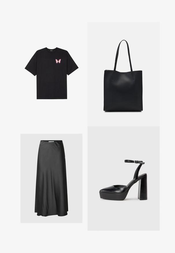 Musta puuvillapaita lyhyillä hihoilla, jossa on pieni vaaleanpunainen perhosgrafiikka vasemmassa rinnassa. Pyöreä kaula-aukko ja rento istuvuus.; Maksihame mustasta satiinista, jossa on sileä tekstuuri, suora siluetti ja joustava vyötärö, joka takaa mukavan istuvuuden.; Mustat korkeat platform-kengät, joissa on terävä kärki ja säädettävä nilkkaremmi. Valmistettu sileästä nahasta ja varustettu paksulla lohkokorkeudella.; Mustapahkainen kangaskassi, jossa on sileä pinta, suorakaiteen muotoinen ja kaksi pitkää kahvaa. Ei näkyvää metalliosaa tai koristeita.