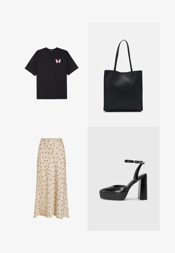 Black cotton t-shirt with short sleeves, featuring a small pink butterfly graphic on the left chest. Crew neck design with a relaxed fit.; Beige midi skirt made of smooth fabric, featuring an all-over black polka dot pattern, with a slightly flared silhouette and slit detail.; Black platform heels with a pointed toe and adjustable ankle strap. Constructed from smooth leather, featuring a chunky block heel.; Black leather tote bag with smooth texture, rectangular shape, and two long handles. No visible hardware or embellishments.