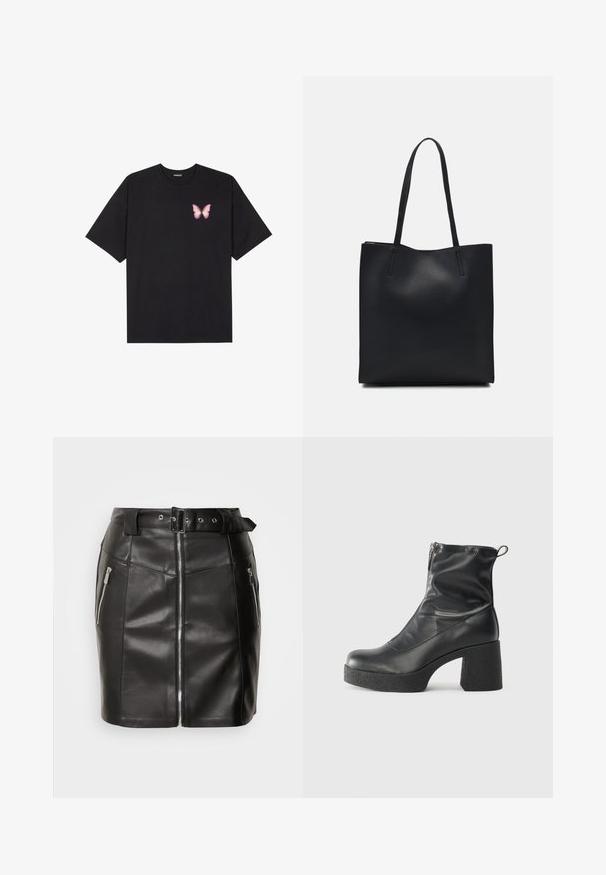 Musta puuvillapaita lyhyillä hihoilla, jossa on pieni vaaleanpunainen perhosgrafiikka vasemmassa rinnassa. Pyöreä kaula-aukko ja rento istuvuus.; Musta nahkainen mini-hame, jossa on tiukka muotoilu. Sivussa on vetoketju, kaksi taskua ja soljellinen vyö. Sileä pinta.; Mustat nilkkurit, jotka on valmistettu sileästä nahasta. Niissä on sivuvetoketju, paksu teksturoitu korko ja pyöristetty kärki.; Mustapahkainen kangaskassi, jossa on sileä pinta, suorakaiteen muotoinen ja kaksi pitkää kahvaa. Ei näkyvää metalliosaa tai koristeita.