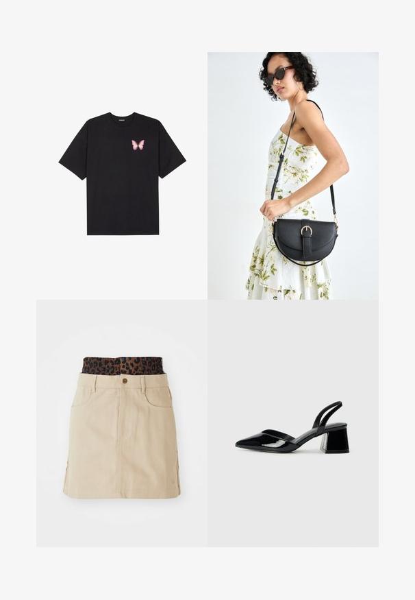 Čierne bavlnené tričko s krátkymi rukávmi, s malým ružovým motýlikom na ľavej hrudi. Design s okrúhlym výstrihom a uvoľneným strihom.; Svetlohnedá džínsová sukňa s elastickým pásom so hnedým leopardím vzorom, prednými vreckami a rovnými líniami so viditeľnými detailmi stehov.; Čierne lakované kožené sandálové podpätky s špicatou špičkou a geometrickým blokovým podpätkom. Disponujú elegantným, minimalistickým dizajnom a hladkým povrchom.; Čierna kožená kabelka s zaobleným tvarom, odnímateľným popruhom a zlatými doplnkami. Kabelka má klopu s detailom s prackou.