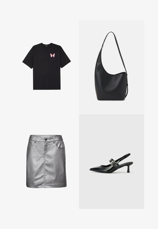 Schwarzes Baumwoll-T-Shirt mit kurzen Ärmeln, das ein kleines pinkes Schmetterlingsmotiv auf der linken Brust zeigt. Crewneck-Design mit einem entspannten Schnitt.; Silberner Kunstleder-Minirock mit enganliegendem Schnitt, Seitentaschen und Knopfverschluss. Verfügt über eine glatte Textur und dezenten Glanz.; Schwarze Lackleder Slingback-Absätze mit spitzem Zeh und kleinem Blockabsatz, ausgestattet mit einem silbernen Schnallenakzent am Riemen.; Schwarze Leder-Hobo-Tasche mit einer glatten Textur, geschwungener Form und einem einzelnen verstellbaren Tragegurt; verfügt über eine weite Öffnung am oberen Ende.