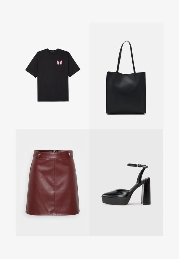 Schwarzes Baumwoll-T-Shirt mit kurzen Ärmeln, das ein kleines pinkes Schmetterlingsmotiv auf der linken Brust zeigt. Crewneck-Design mit einem entspannten Schnitt.; Burgunderfarbene Kunstleder-Minirock mit einem strukturierten Bund, Frontreißverschluss und Metallknöpfen, der eine glatte, glänzende Textur aufweist.; Schwarze Plateau-High Heels mit spitzem Zeh und verstellbarem Knöchelriemen. Gefertigt aus glattem Leder und mit einem klobigen Blockabsatz.; Schwarze Laptoptasche aus Leder mit glatter Textur, rechteckiger Form und zwei langen Griffen. Keine sichtbaren Beschläge oder Verzierungen.