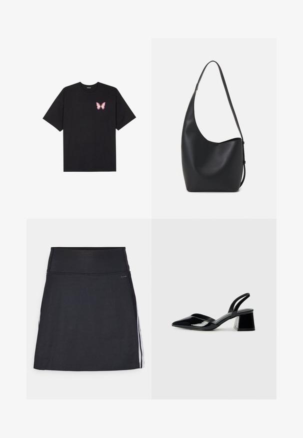 T-shirt de algodão preto com mangas curtas, apresentando um pequeno gráfico de borboleta rosa no lado esquerdo do peito. Design de gola redonda com um corte solto.; Skort atlético preto com uma cintura larga, feito de tecido elástico. Apresenta riscas laterais brancas e um acabamento liso e sem costuras.; Sandy em verniz preto com salto slingback, ponta afilada e salto geométrico. Apresenta um design elegante e minimalista com textura suave.; Saco hobo preto em pele com uma textura lisa, forma curva e uma única alça ajustável; apresenta uma abertura larga na parte de cima.