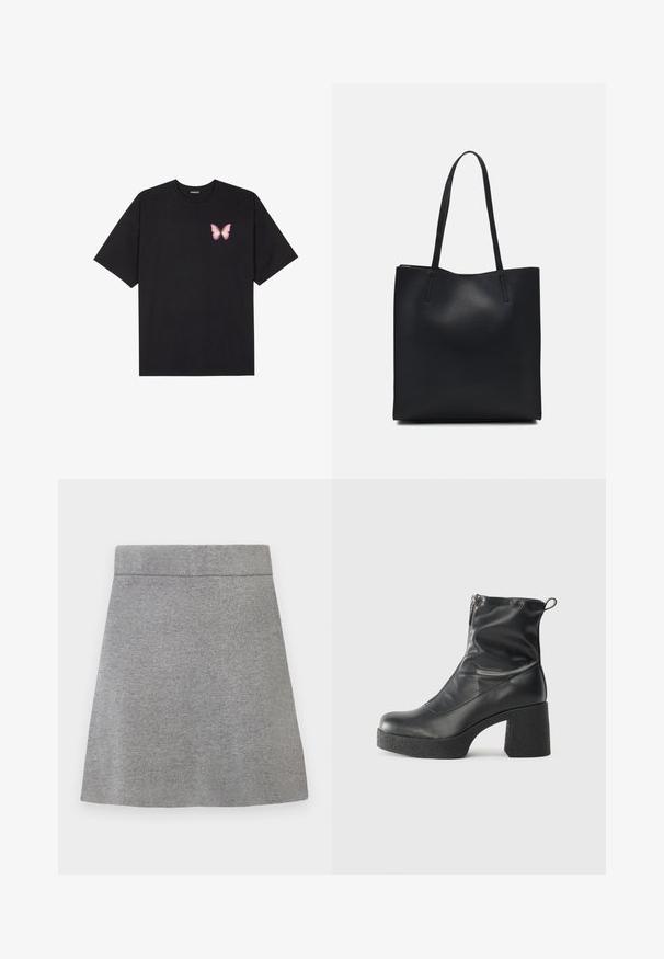 T-shirt nera in cotone con maniche corte, caratterizzata da una piccola grafica di una farfalla rosa sul lato sinistro del petto. Design a girocollo con una vestibilità rilassata.; Gonna A-line grigia lavorata a maglia con una larga vita e una superficie liscia, esposta su uno sfondo bianco.; Stivali neri alla caviglia in pelle liscia, con zip laterale, tacco spesso e texture, e punta arrotondata.; Borsa tote in pelle nera con texture liscia, forma rettangolare e due manici lunghi. Nessun hardware o decorazione visibile.