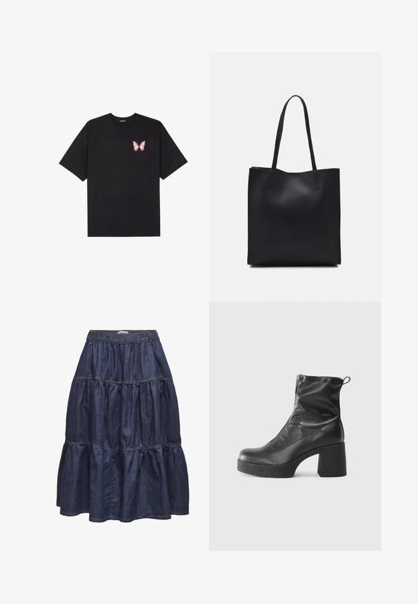 Svart bomullströja med korta ärmar, med en liten rosa fjärilsgrafik på vänster bröst. Rundad halsdesign med en avslappnad passform.; Denimkjol med lager-på-lager-design, mörkblå färg, elastisk midja och sydda detaljer. Mjuk textur med en avslappnad, ledig silhuett.; Svarta ankelstövlar i slitstark läder, med sidodragkedja, kraftig strukturerad klack och rundad tådesign.; Svart lädertoffelväska med slät textur, rektangulär form och två långa handtag. Ingen synlig hårdvara eller dekorationer.