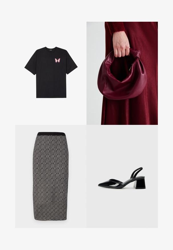 Fekete pamut póló rövid ujjakkal, bal mellkason egy kis rózsaszín pillangó grafikával. Kerek nyakú kialakítás, laza fazonnal.; Fekete-fehér mintás ceruzaszoknya texturált anyagból, bordázott derékpánttal és geometrikus mintával az egész anyagon.; Fekete lakk bőr szandálkés magas sarkú cipő, hegyes orral és geometrikus tömbsarkakkal. Karcsú, minimalista dizájn és sima textúra jellemzi.; Burgundi bőrtáska puhán ráncolt dizájnnal és kerek alakban. A fogantyú rögzítve van, sima textúrával rendelkezik.