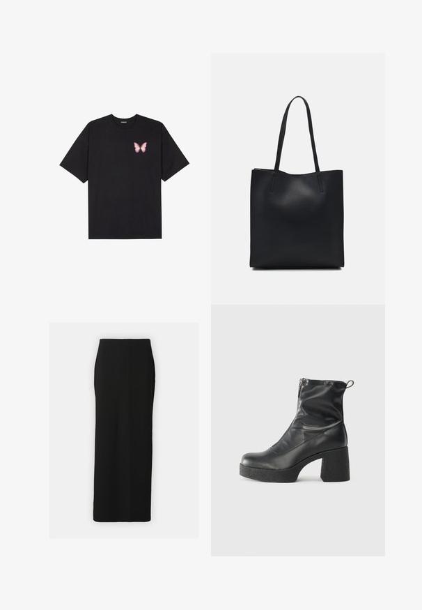 Black cotton t-shirt with short sleeves, featuring a small pink butterfly graphic on the left chest. Crew neck design with a relaxed fit.; Black ribbed knit maxi skirt with a straight silhouette, side slits, and a smooth texture. Features an elastic waistband for comfort.; Black ankle boots made of smooth leather, featuring a side zipper, chunky textured heel, and rounded toe design.; Black leather tote bag with smooth texture, rectangular shape, and two long handles. No visible hardware or embellishments.