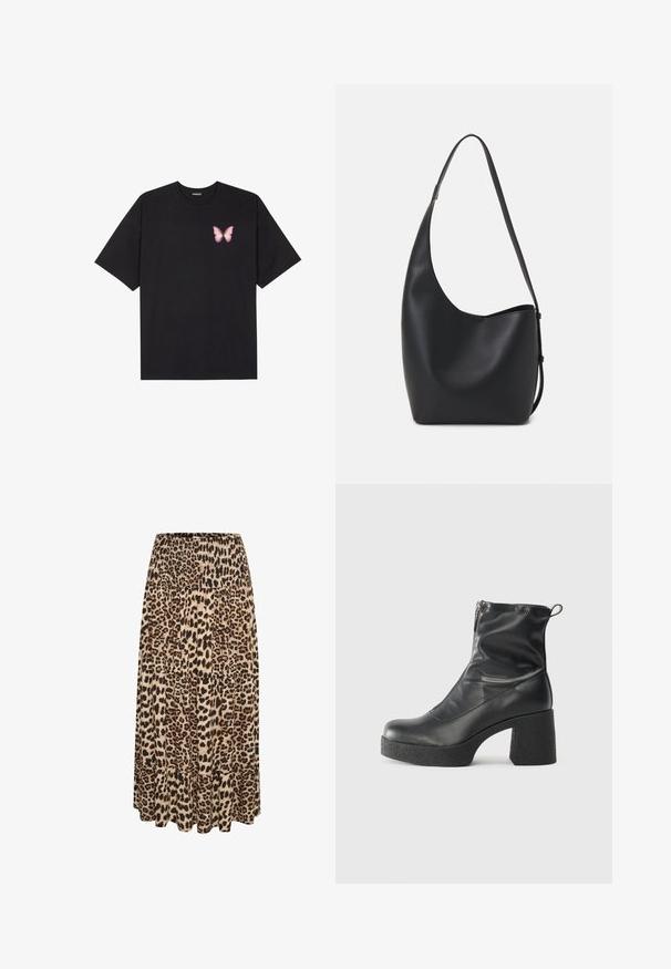 Juodas medvilnės marškinėliai trumpomis rankovėmis, su maža rožine drugelio grafika kairėje krūtinės pusėje. Apvalus kaklo iškirpimas, laisvas kirpimas.; Leopardų rašto maksi sijonas su raukšlėta juosmeniu ir kelių lygių volantais, sušvelninto audinio atspalvių, kuriuose dominuoja smėlio, rudos ir juodos spalvos.; Juodos kulkšninių botai, pagaminti iš lygaus odos, su šoniniu užtrauktuku, masyviu tekstūruotu kulnu ir apvaliu pirštu.; Juodas odinis hobo maišas su lygiu paviršiumi, kreipta forma ir viena reguliuojama rankena; turi platų atidarymą viršuje.